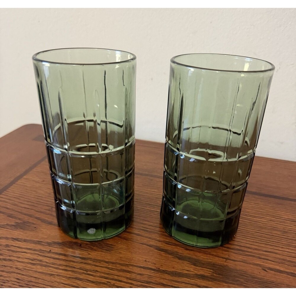 ANCHOR HOCKING TARTAN OLIVE GREEN FLAT ICED TEA GLASS TUMBLER 16 OZ SET of 2